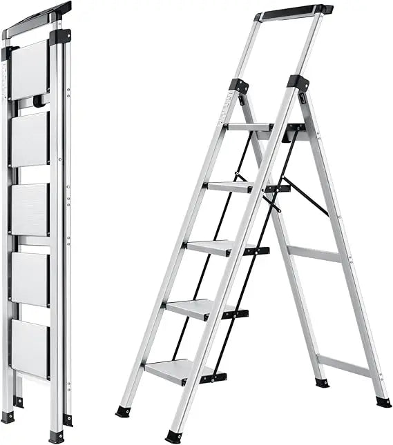 5 step ladder, aluminum 5 step stool with retractable handrail and anti-slip wide pedal, folding stool ladders 5 steps, 330lbs