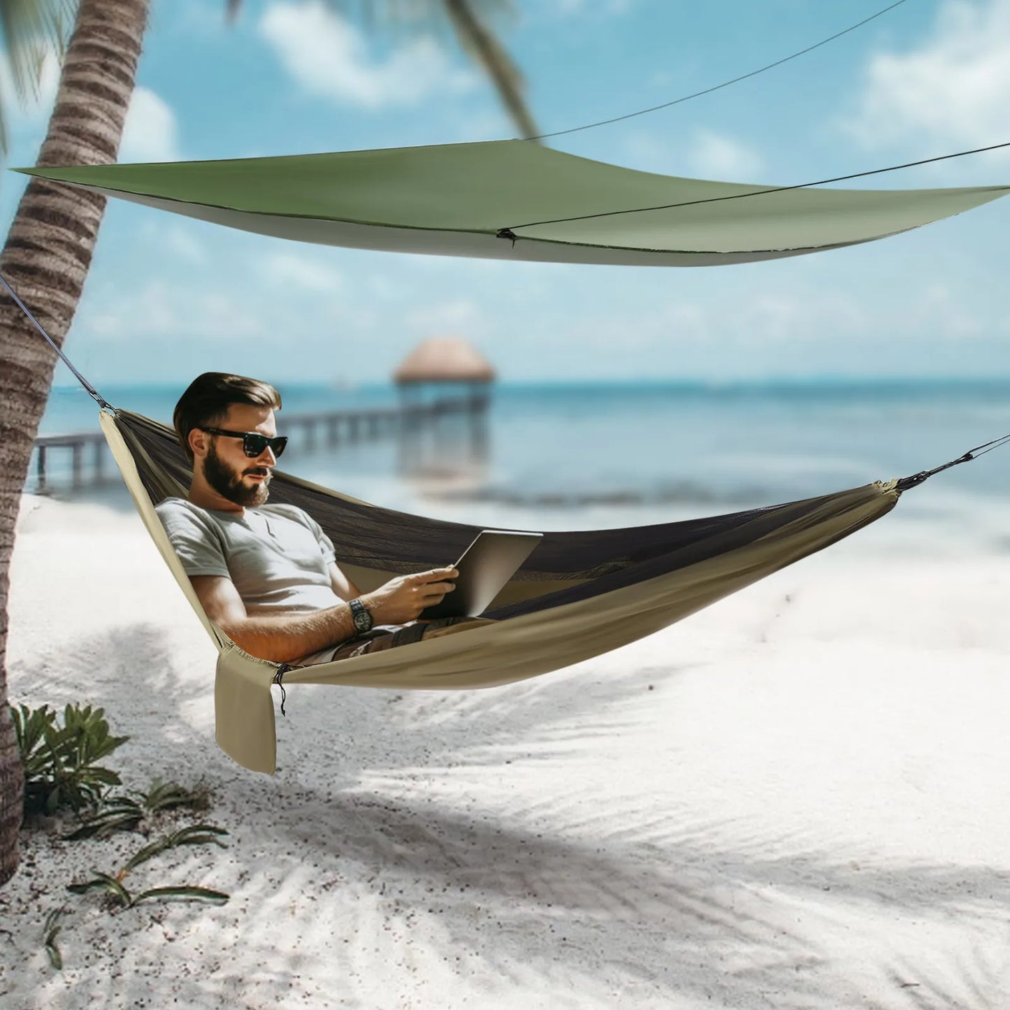 Portable Camping Hammock and Canopy Awning Olive Drab Beach Hammock Canopy