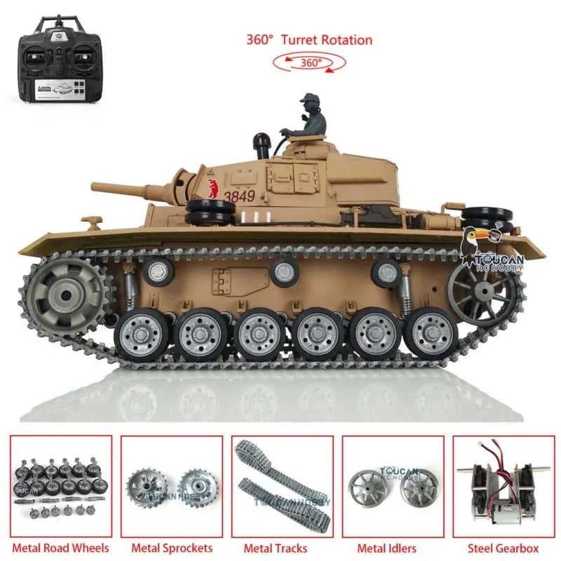 US Stock Heng Long 1/16 7.0 Customized Panzer III H RTR RC Tank 3849 Metal Tracks Wheels Vehicle Model TH17369