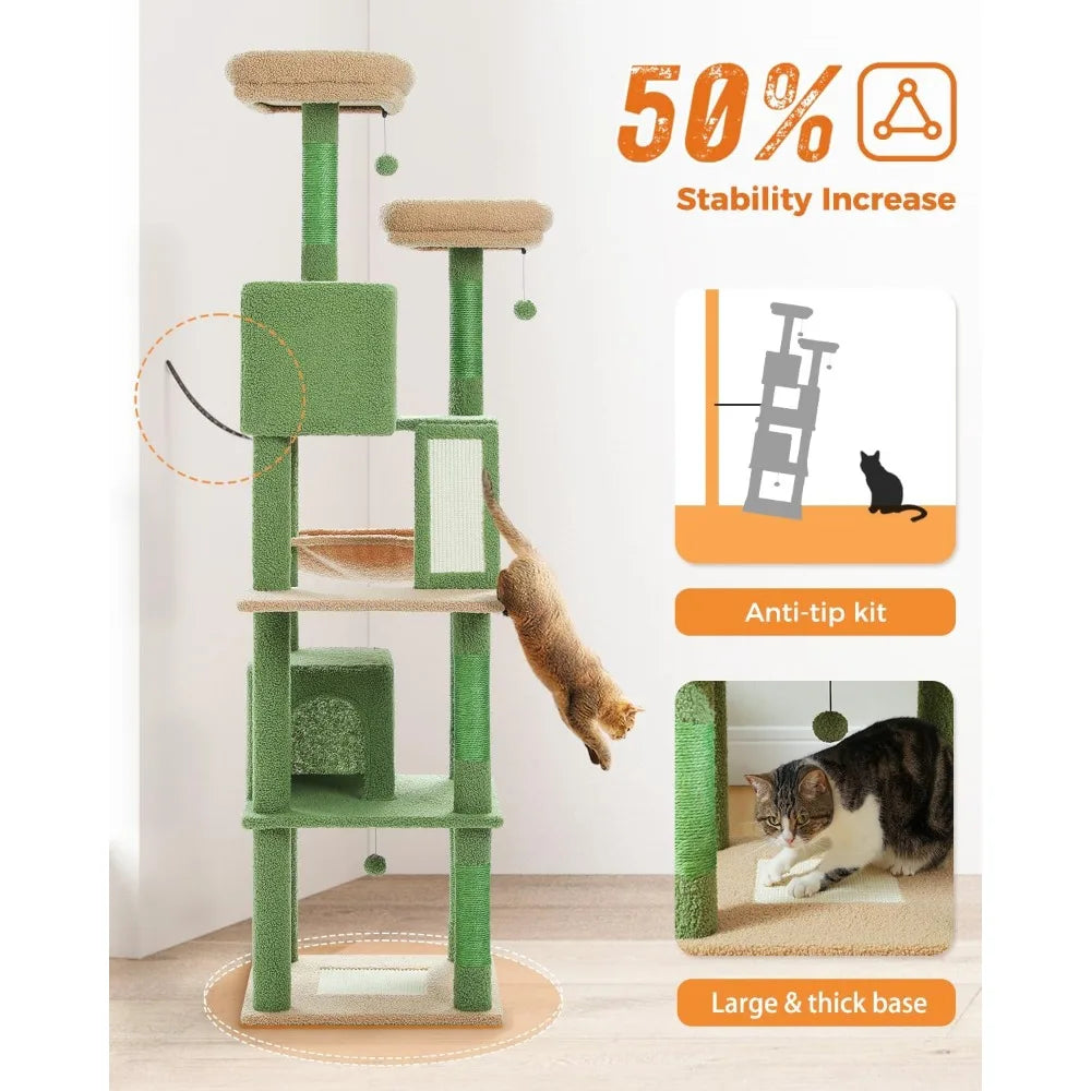Cactus Cat Tree, 70.9" Tall Cat Tree for Indoor Cats, Large Cat Tree for Large Cats, Multi-Level Tall Tower