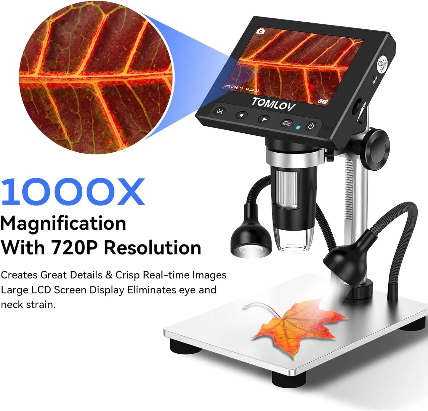 TOMLOV 1000X DM4S Digital Microscope:4.3" LCD,USB,LED, Metal Stand,PC, Photo/Video,SD Card,microscope Camera
