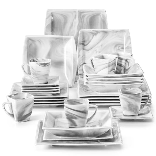 30PCS Marble Grey Porcelain Tableware Dinnerware Set with 6PCS Dessert/Soup/Dinner Plate/Cup/Saucer,Plates and Bowls Sets,FLORA