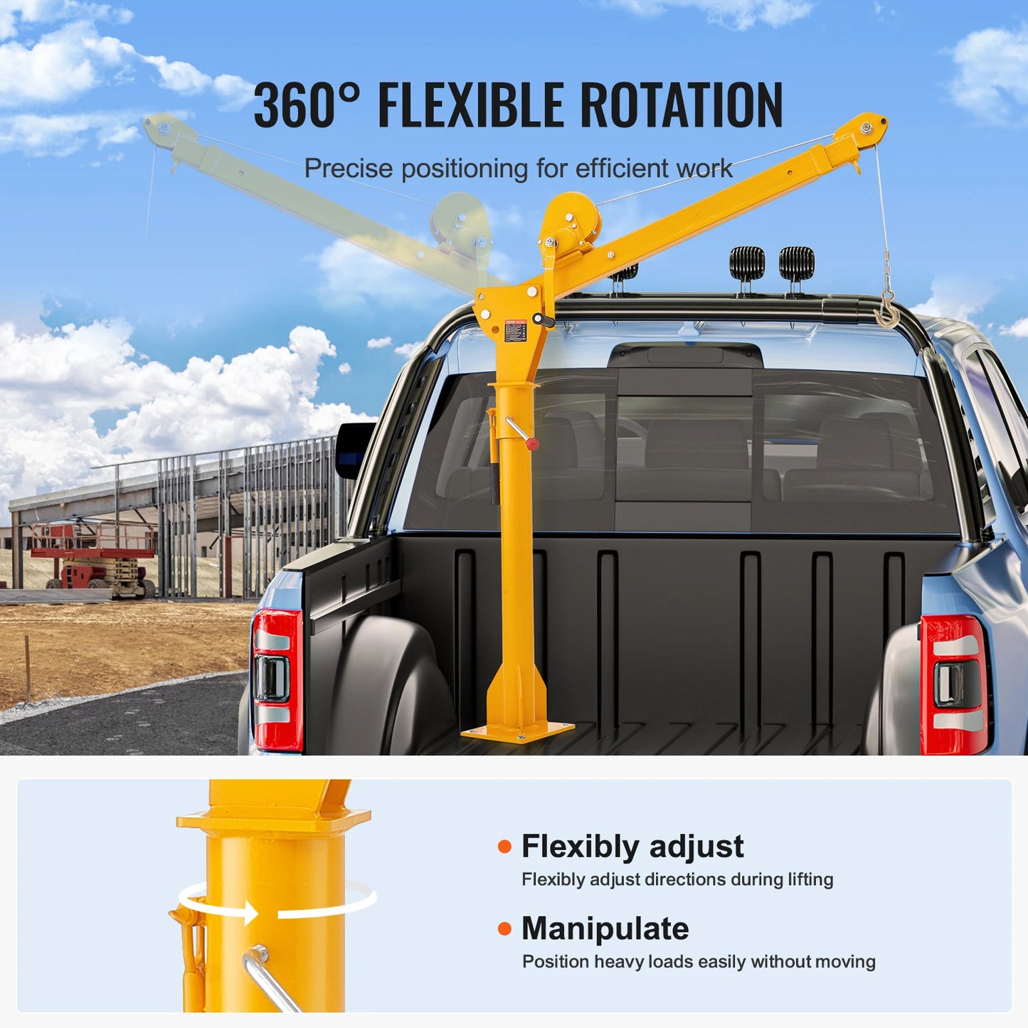 SucceBuy Folding Pickup Truck Crane 360° Swivel with 1100 lbs Manual Winch Mounted Bed Jib Crane Hoist for Factory Lifting Goods