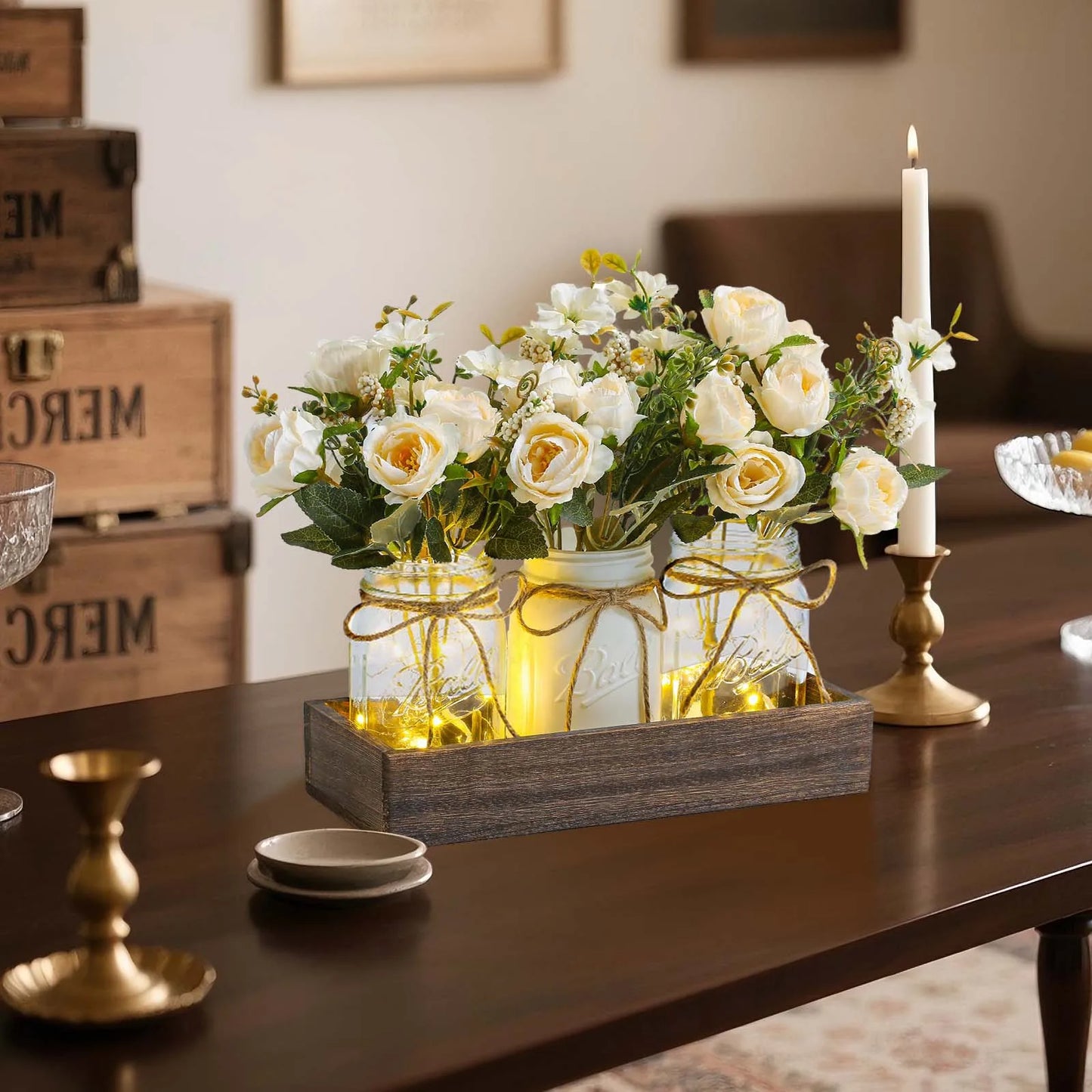 Artificial silk flowers with LED lights in a wooden box, artificial flowers with vase for home office desk kitchen decoration, V