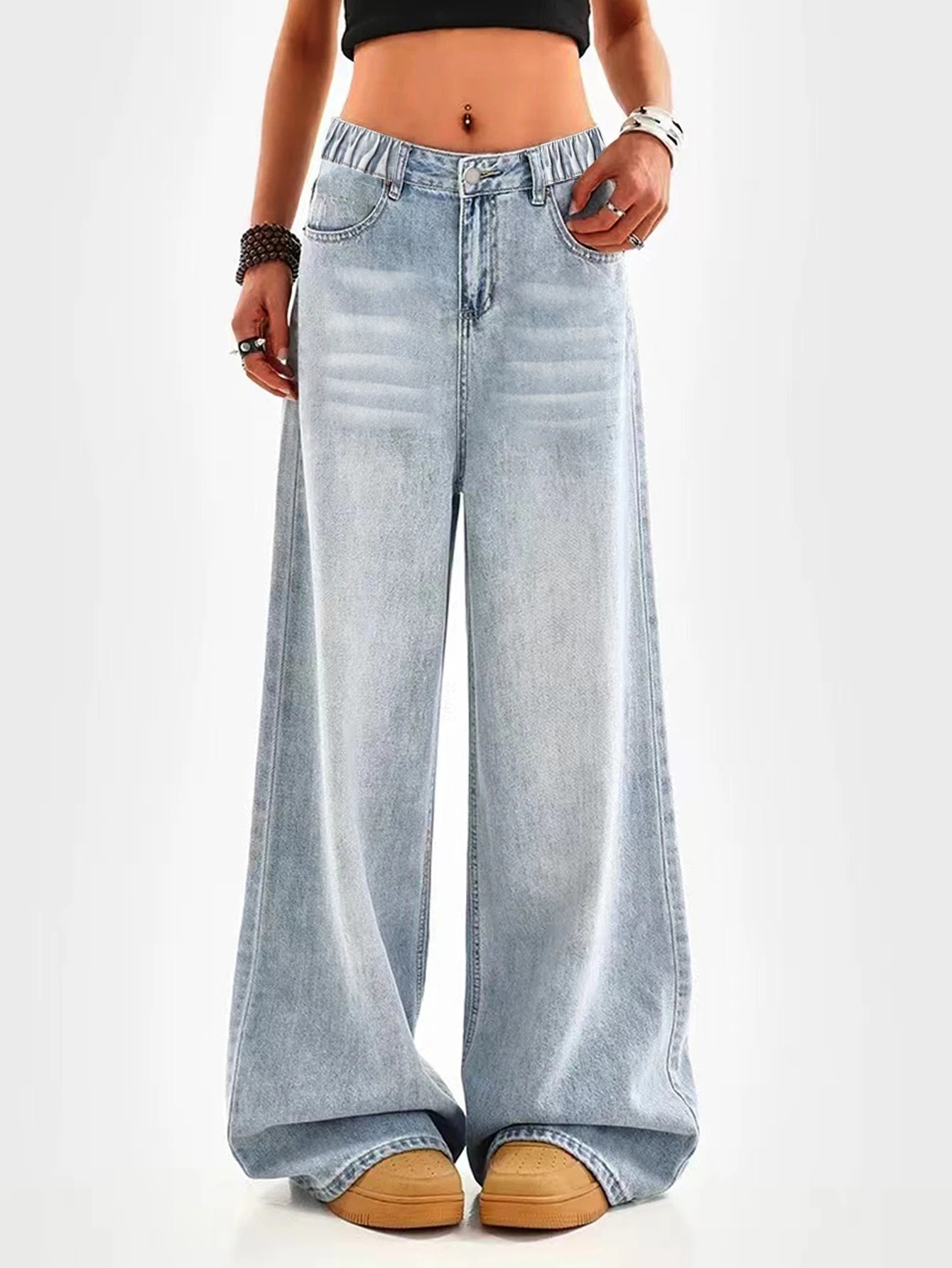 Retro Washed Blue Wide Leg Jeans For Juniors Regular Fit