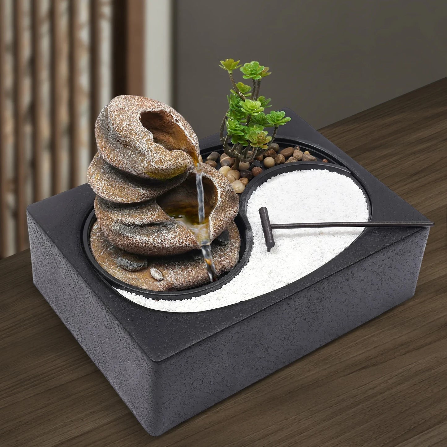 Tabletop Rock Water Fountain W/ LED Light,Indoor Waterfall Decor for Desk,Relaxing Zen Fountain,Decorative Stone Water Feature