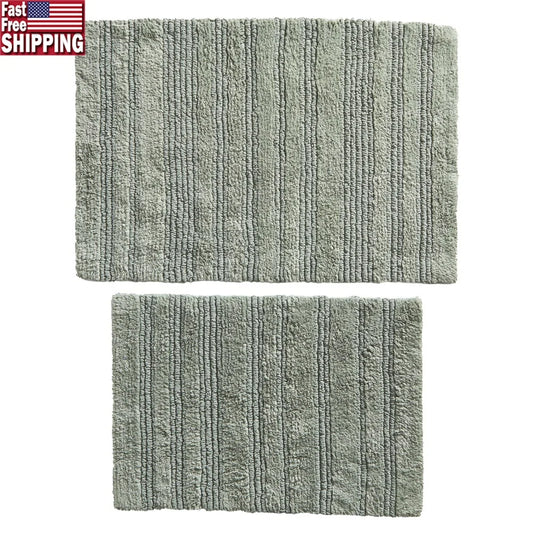Reversible Cotton Bath Mat Set Ultra Soft Absorbent Machine Washable 2 Piece Rugs Bathroom Floor Protection