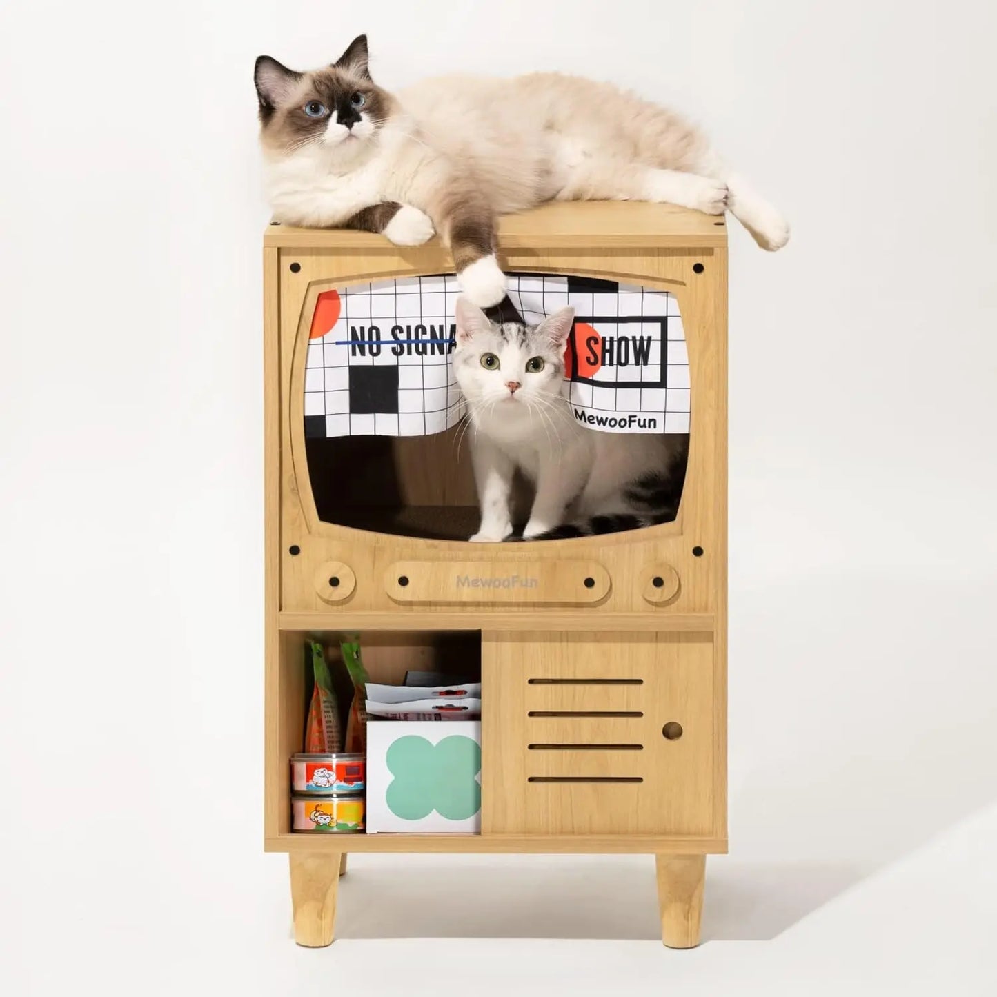 Mewoofun Cat TV House Wooden Cat Condo Sturdy Luxury Cat TV Furniture with Cat Scratcher and Storage Space Nature
