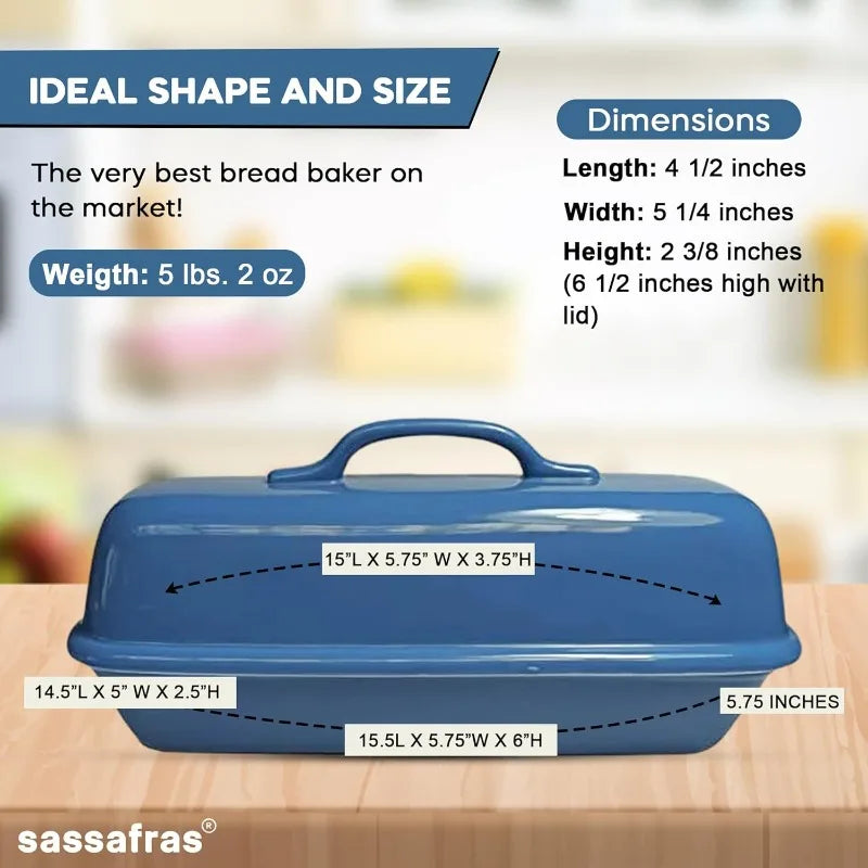 Sassafras Superstone Covered Bread Baker with Lid Glazed Exterior and Unglazed Interior Stoneware Bakeware Blue