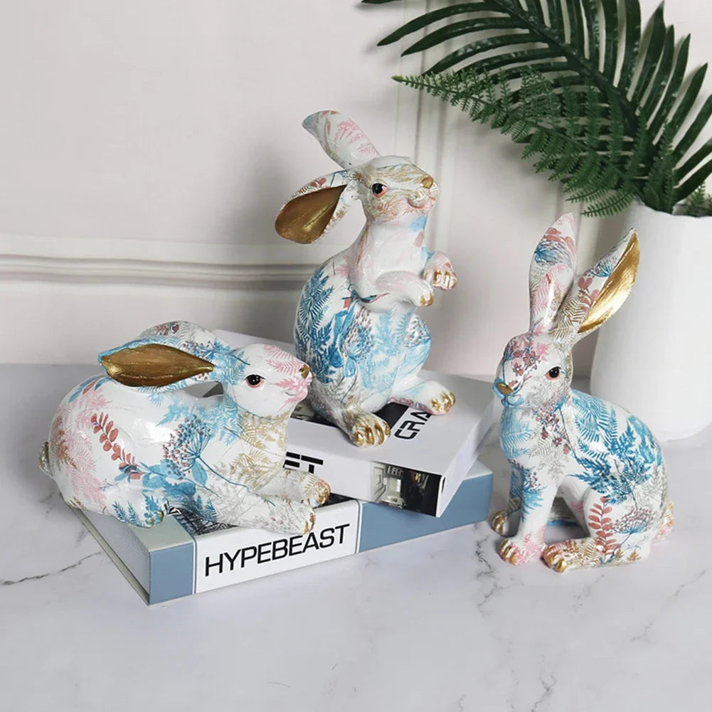 Cute Rabbit Statue Resin Bunny Sculpture Home Room Decorative Art Ornaments Painted Jade Rabbit Figurines Easter Decoration Gift