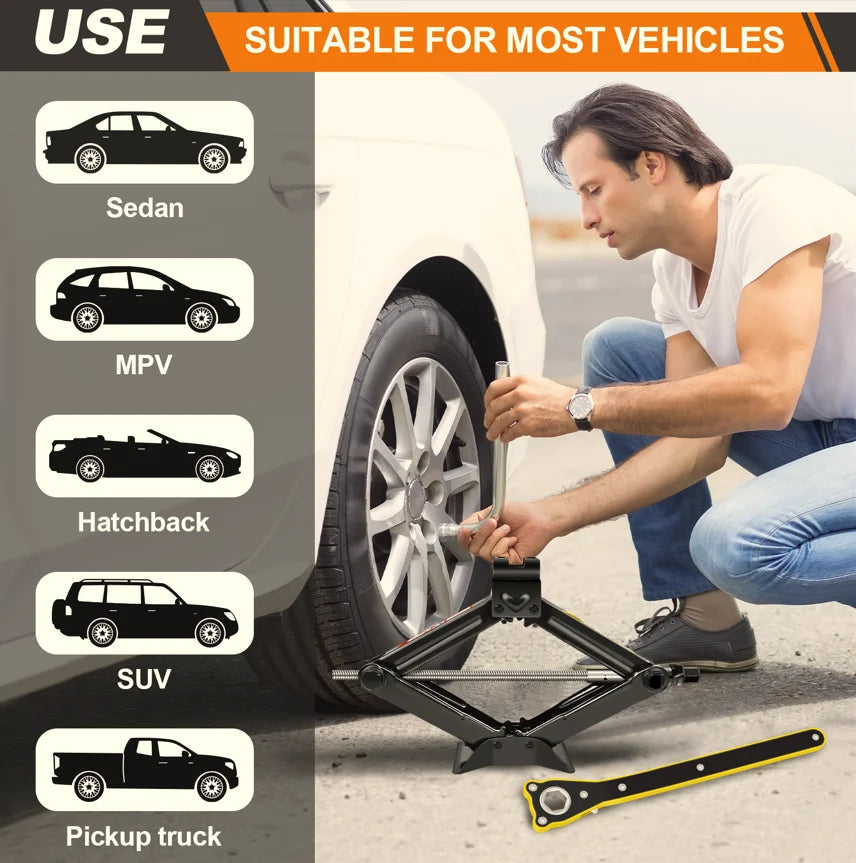 2 Ton Car Scissor Jack with Effort Saving Wrench, Carbon Steel, 10.5cm to 38.5cm Lifting Range, Compact and Easy to Store