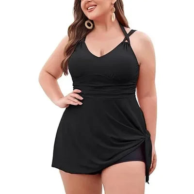 Women Plus Size Swimwear Two Piece Black Tankini Swimdress V Neck Halter Floral Asymmetrical Hem Skirted Swimsuits with Boyshort