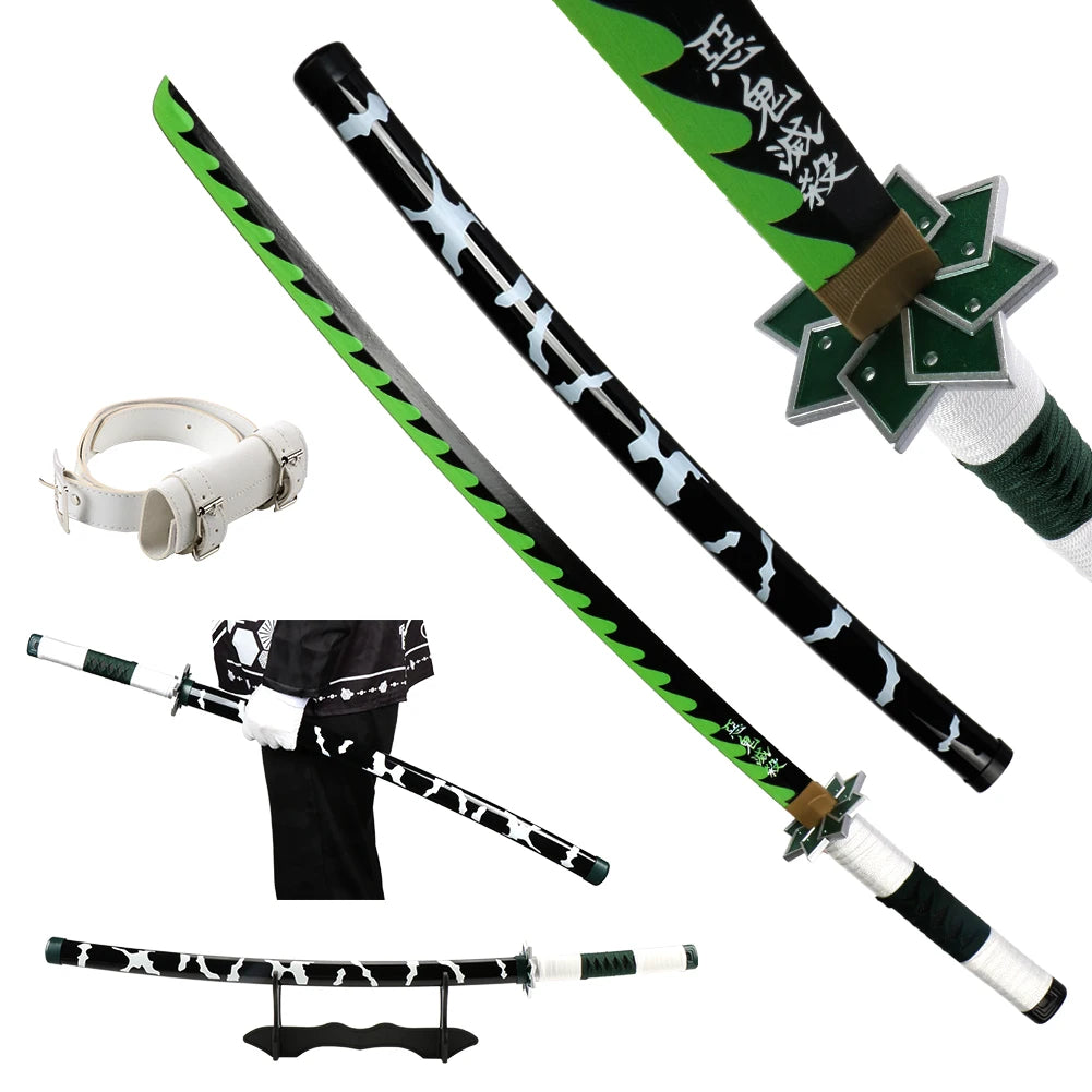 104cm Demon Slayer Katana Sword Kimetsu no Yaiba Wooden Cosplay Anime Weapon Sword Toy Katanas with Display Stand and Belt