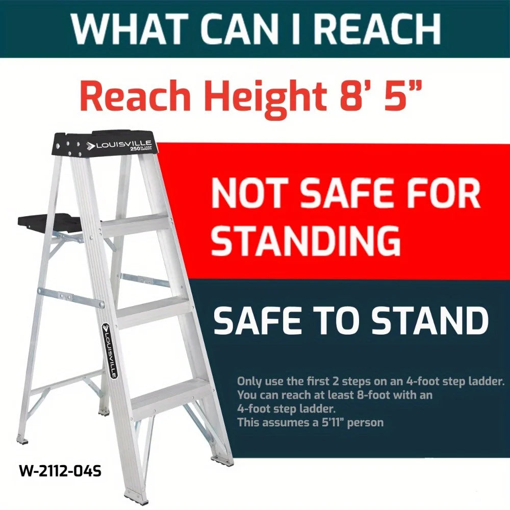 4' aluminum ladder, 250 lbs. Lightweight and safe with molded above, including a recessed tray to hold all tools