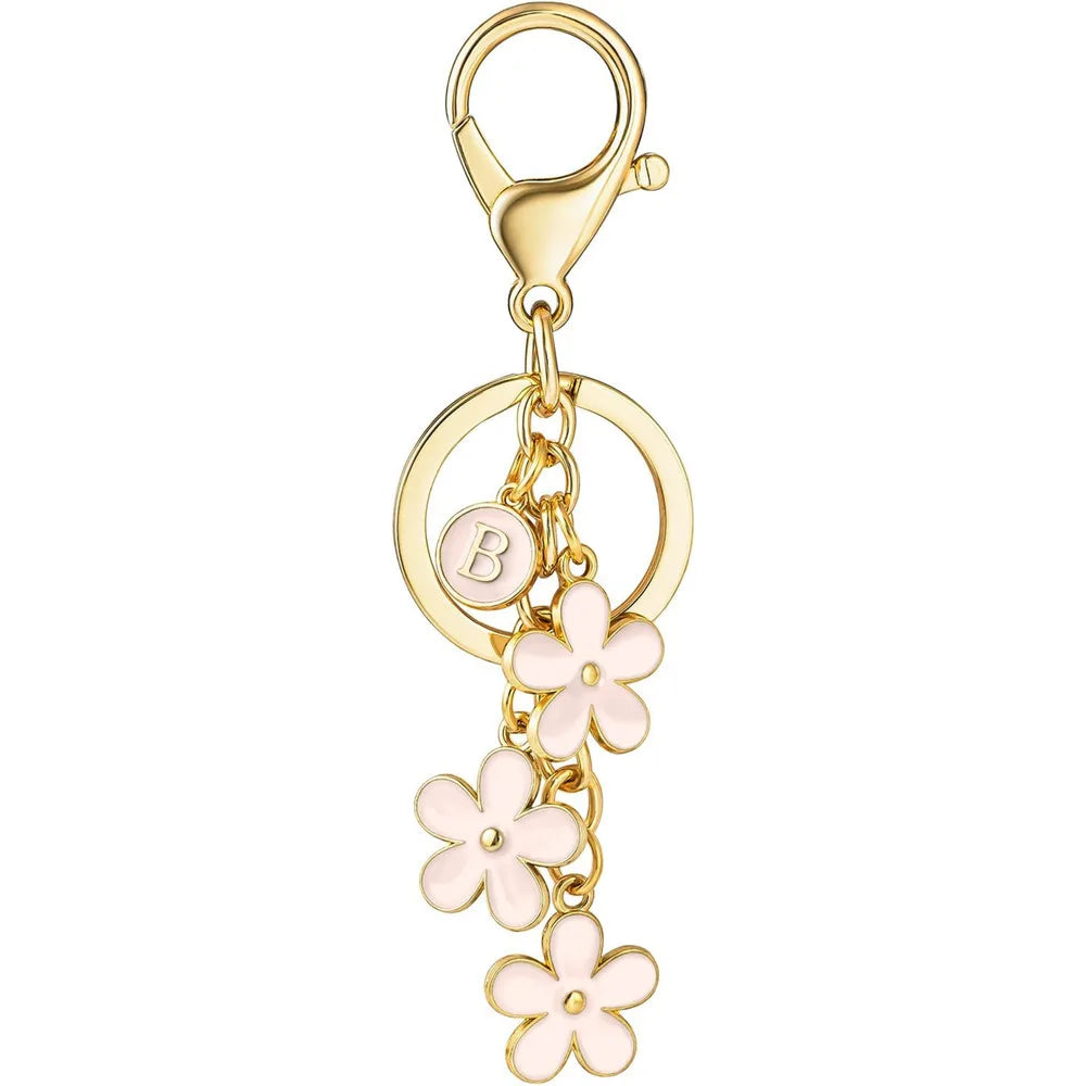 Initial Keychain White/Pink Flower Charms Key Cute Letter Keyring For Handbag Backpack