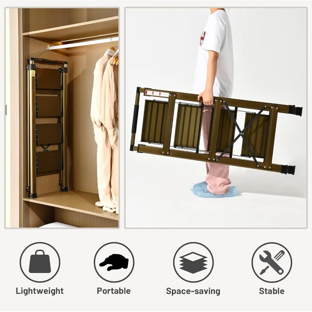 5 step ladder, aluminum 5 step stool with retractable handrail and anti-slip wide pedal, folding stool ladders 5 steps, 330lbs