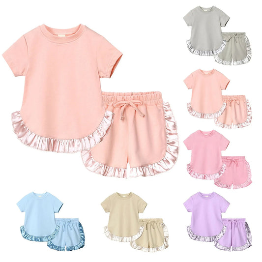 Summer Kids Little Sweet Girls Clothing Sets Cotton Luxury Homewear Top+Shorts Children Clothes Toddler Baby Outfits Suit 2Pcs