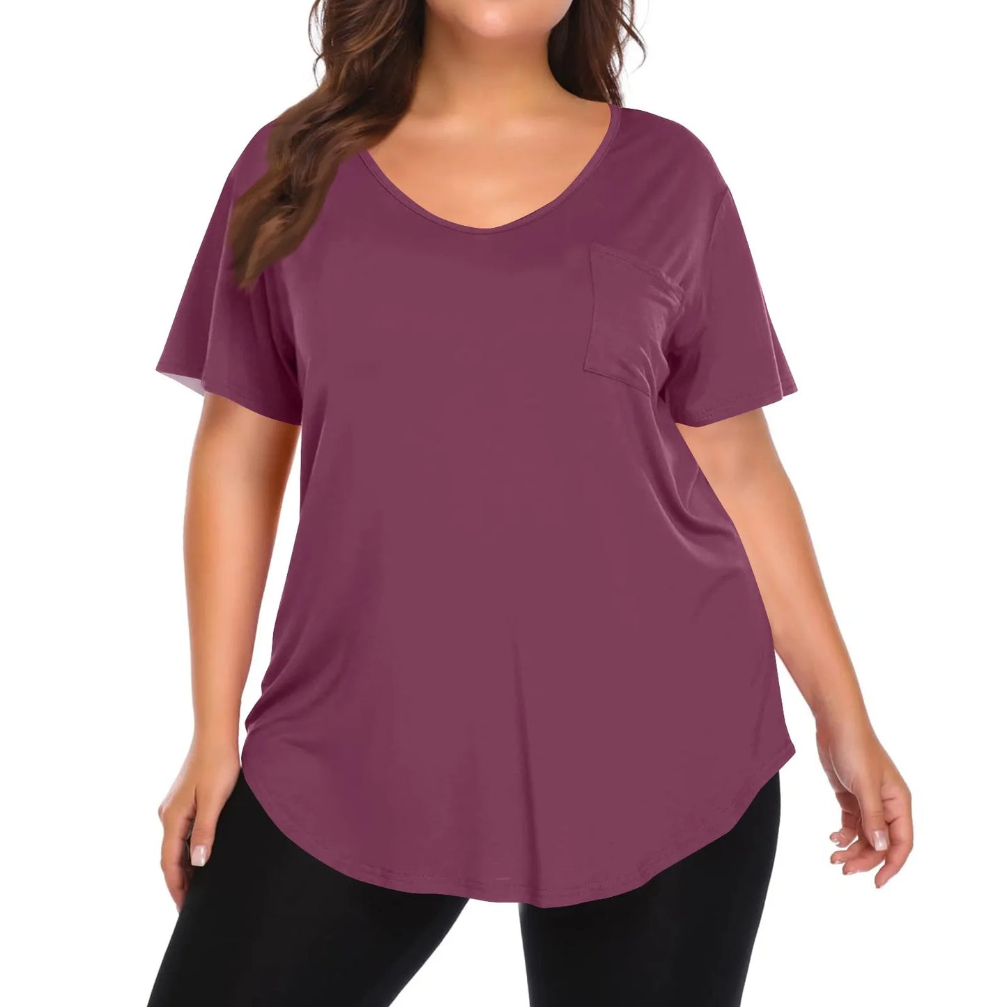 Plus Size Women's Tunic Tops Solid Color Large Size V-neck Loose T-Shirt With Pocket Summer Casual Basic Tee t shirts