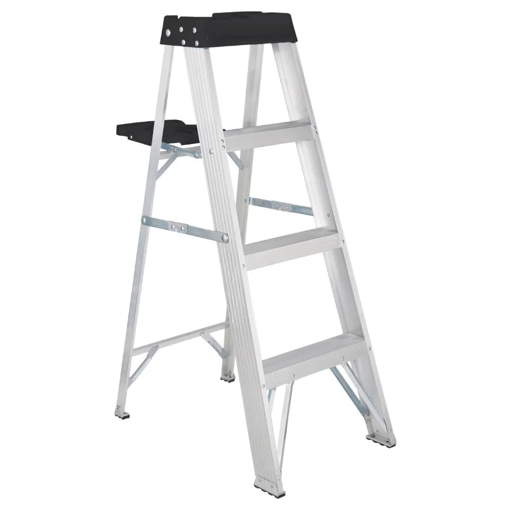 4' aluminum ladder, 250 lbs. Lightweight and safe with molded above, including a recessed tray to hold all tools