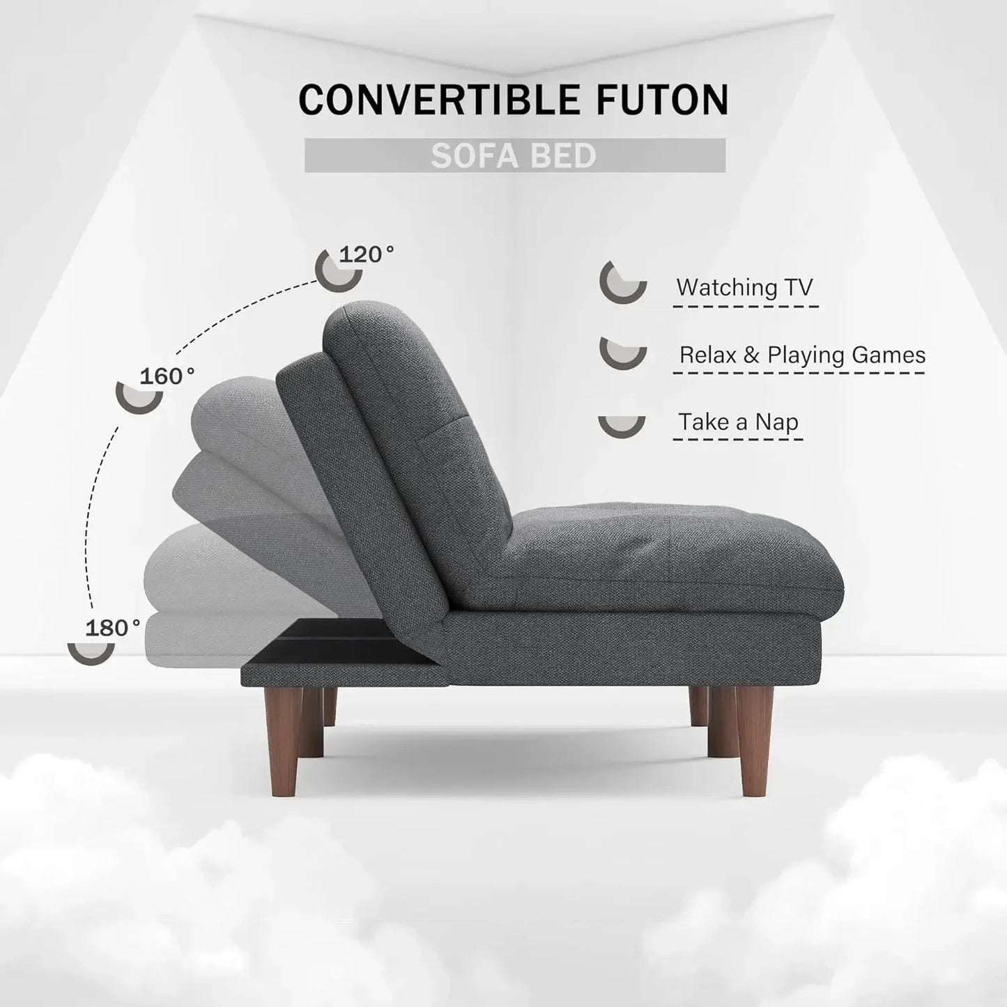 Futon Sofa Bed Fabric Couch Adjustable Sleeper Sofa Bed for Small Apartment Modern Convertible Futon Set, Gray