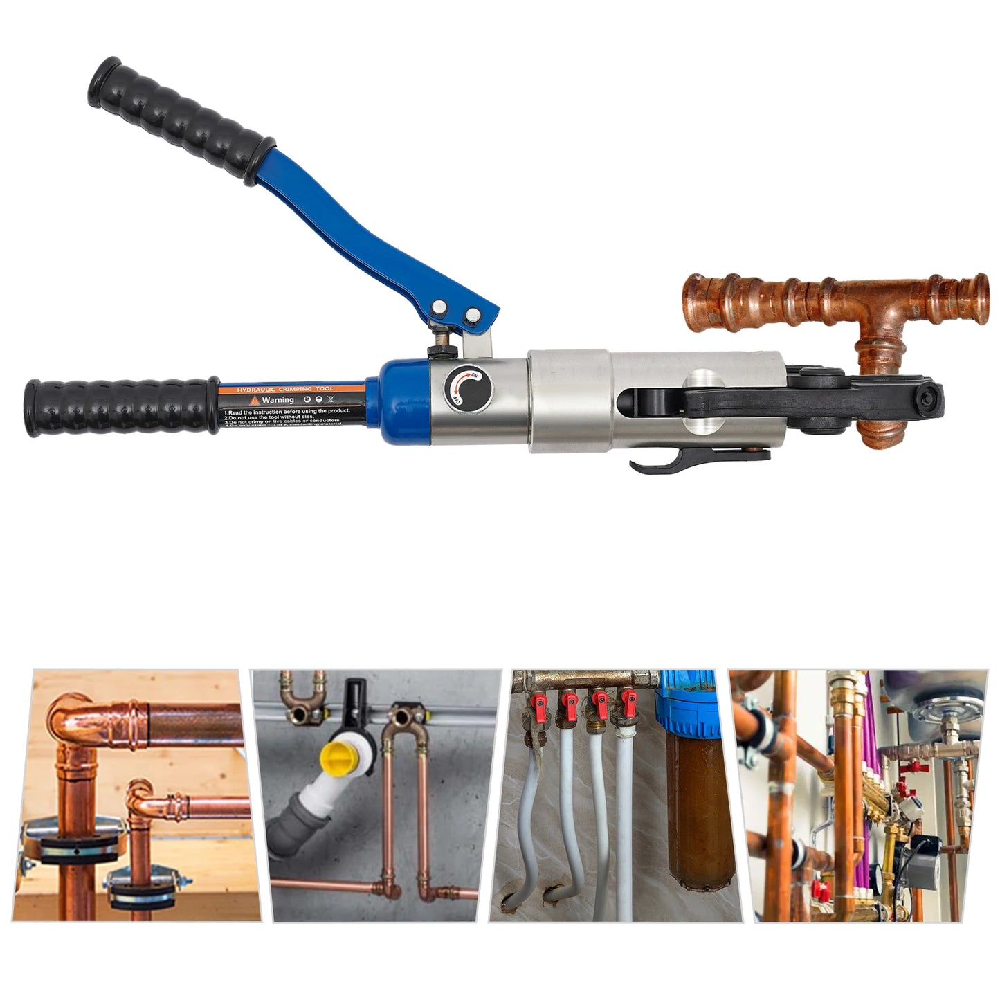 Blue Hydraulic PEX Pipe Crimper Tool Kit | 1/2", 3/4", 1" Dies, Ergonomic Grip, Steel-Aluminum Construction