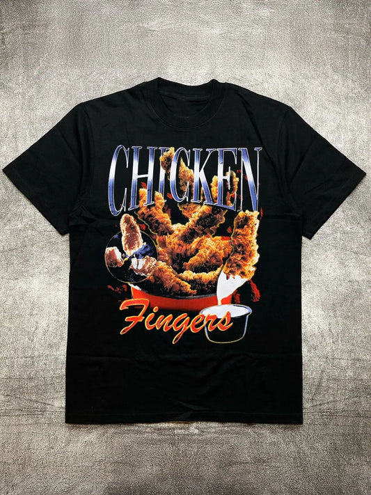 Men's Heat Transfer Print Cotton Round Neck Short Sleeve T-Shirt - Fried Chicken Food Theme Design, Black 200g