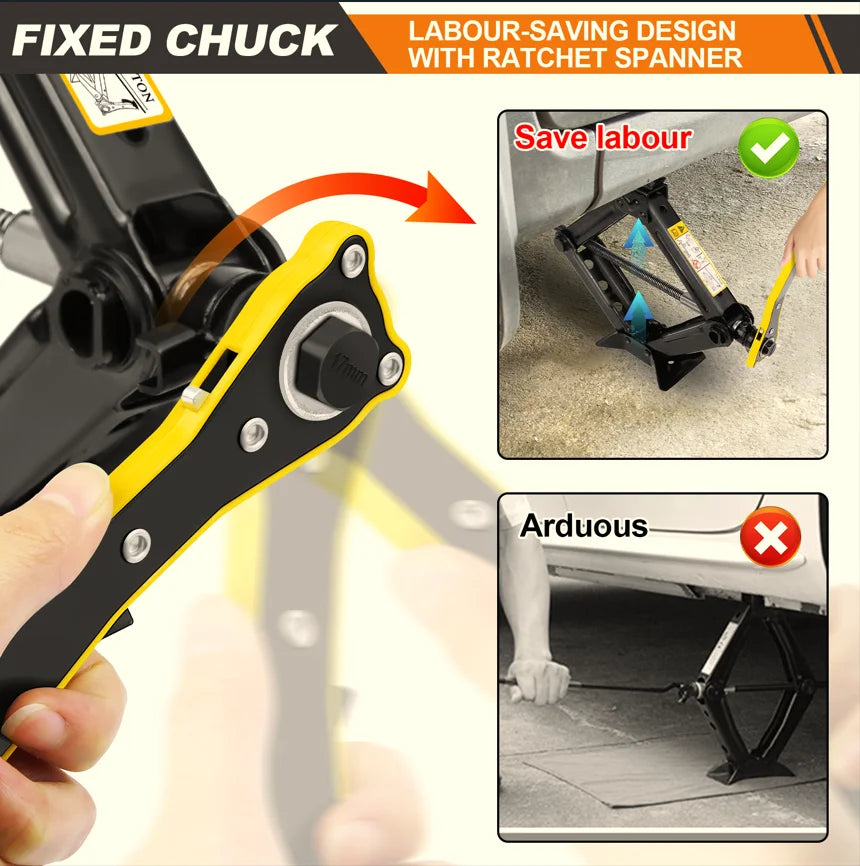 2 Ton Car Scissor Jack with Effort Saving Wrench, Carbon Steel, 10.5cm to 38.5cm Lifting Range, Compact and Easy to Store
