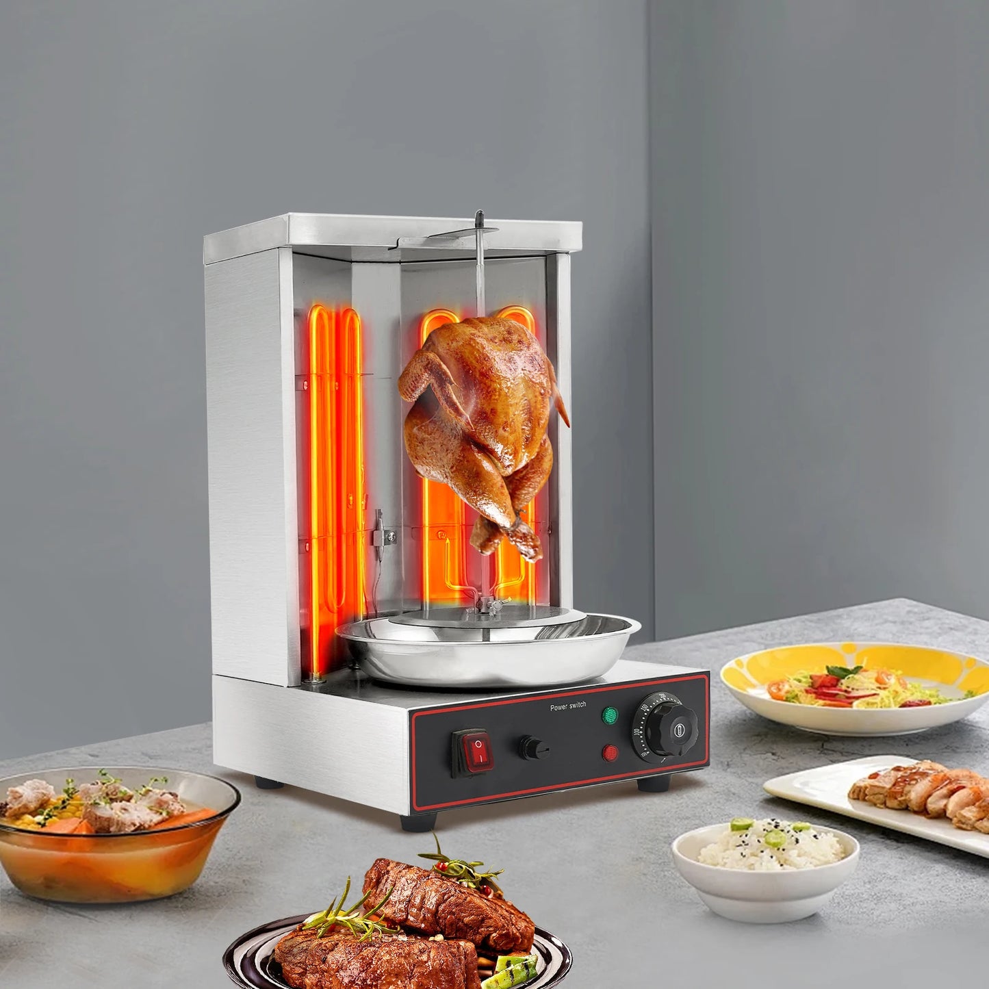 Electric Shawarma Grill Machine 3000W 201 Stainless Steel 2 Heating Tubes 360° Automatic Rotating Design