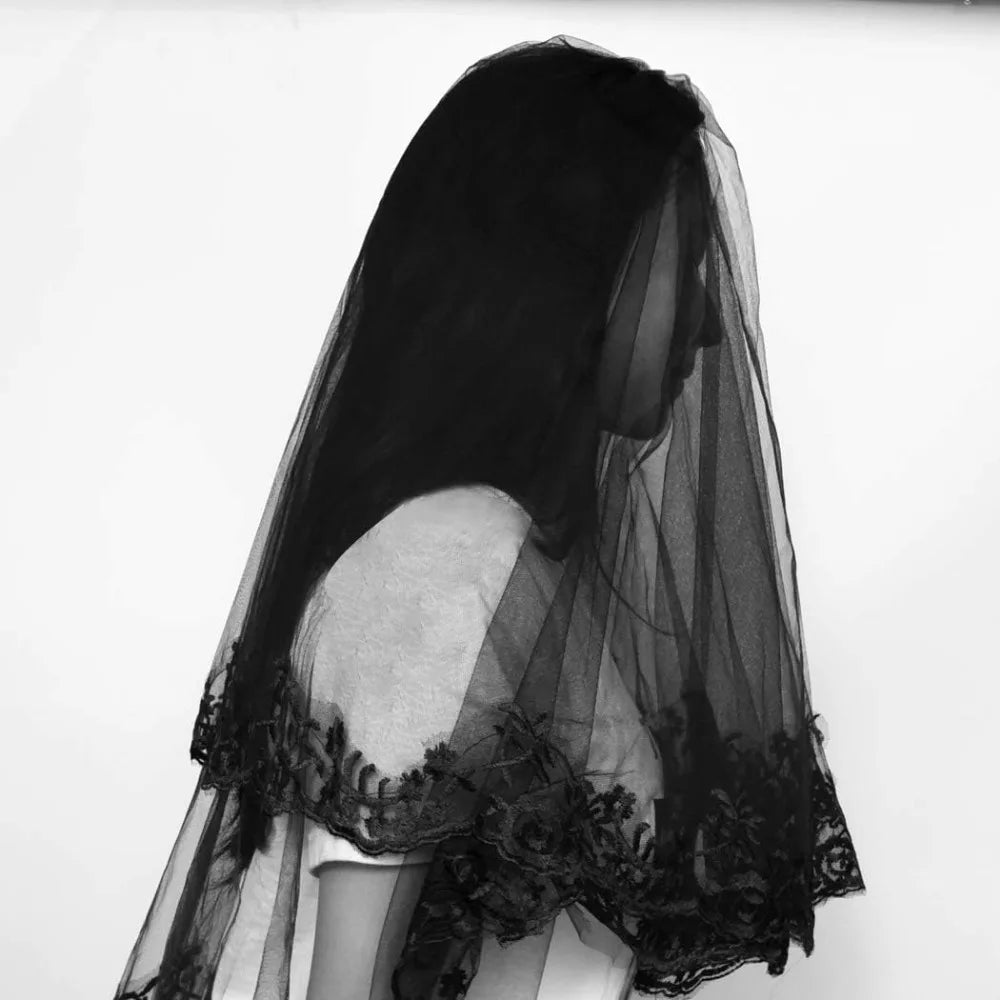 jiebor Black Lace Veil Bridal Wedding Veils Halloween Veil With Comb and Gloves