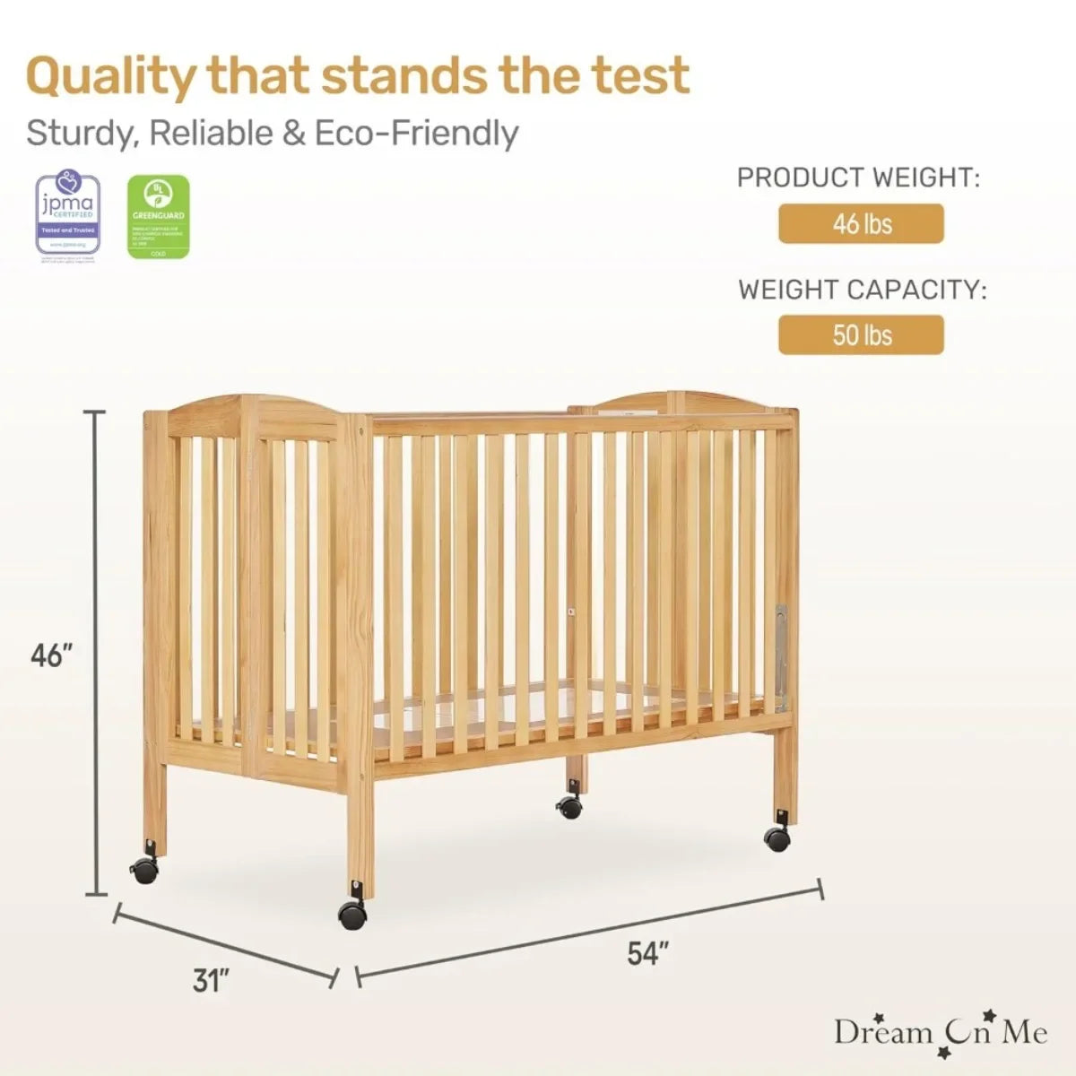 2-in-1 Folding Crib & Playard, Portable Baby Bed with Wheels for Travel, Compact for Home & Visits, Quick-Fold Design