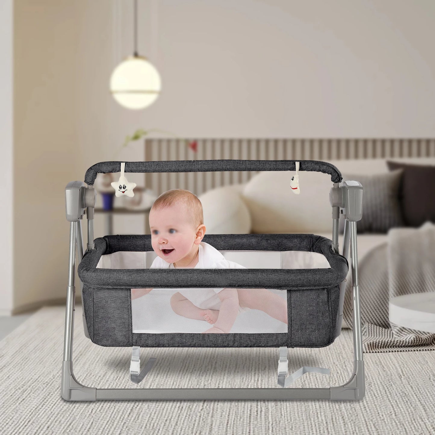 Gray/Khaki Electric Cradle Baby Swing Bed, Automatic Rocking Recliner Crib Basket, Music Remoter Control Sleeping Basket Cot