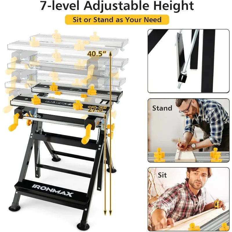 IRONMAX Portable Workbench, Folding Work Table with 7-Level Height Adjustable, 8 Sliding Clamps and Reclining, Folding Workbench
