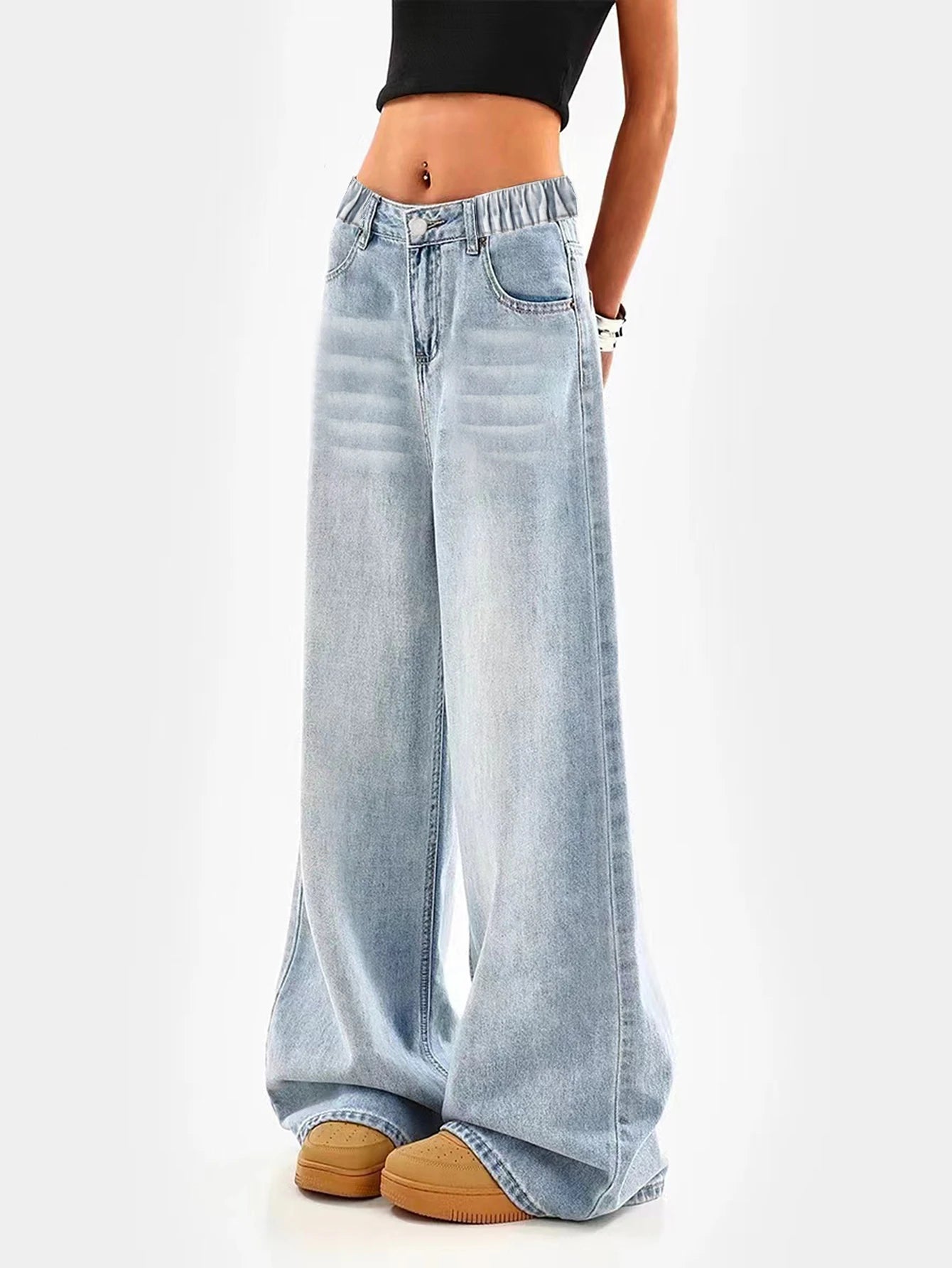 Retro Washed Blue Wide Leg Jeans For Juniors Regular Fit