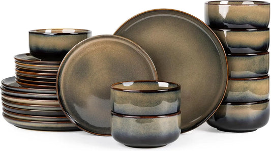 Ceramic Dinnerware Sets for 8, 24 Pieces Handmade Reactive Glaze Plates and Bowls Set, Scratch Resistant Dish Set, Oven & Microw