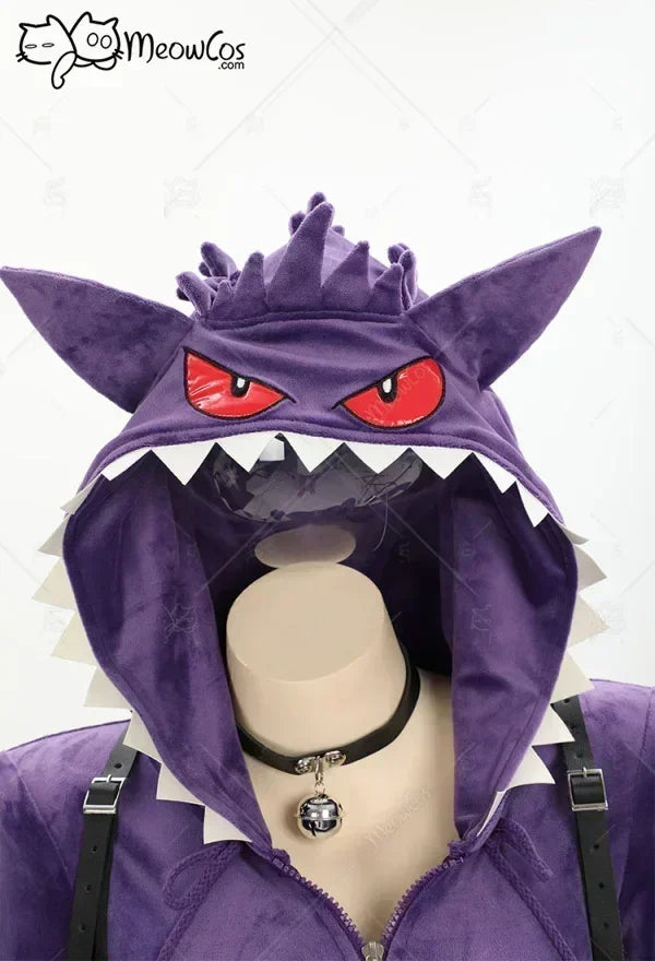 Meowcos Women Genga Cosplay Costume Halloween Purple Ghost Romper Bodysuit Plush Hooded and Socks with Belt and Tail