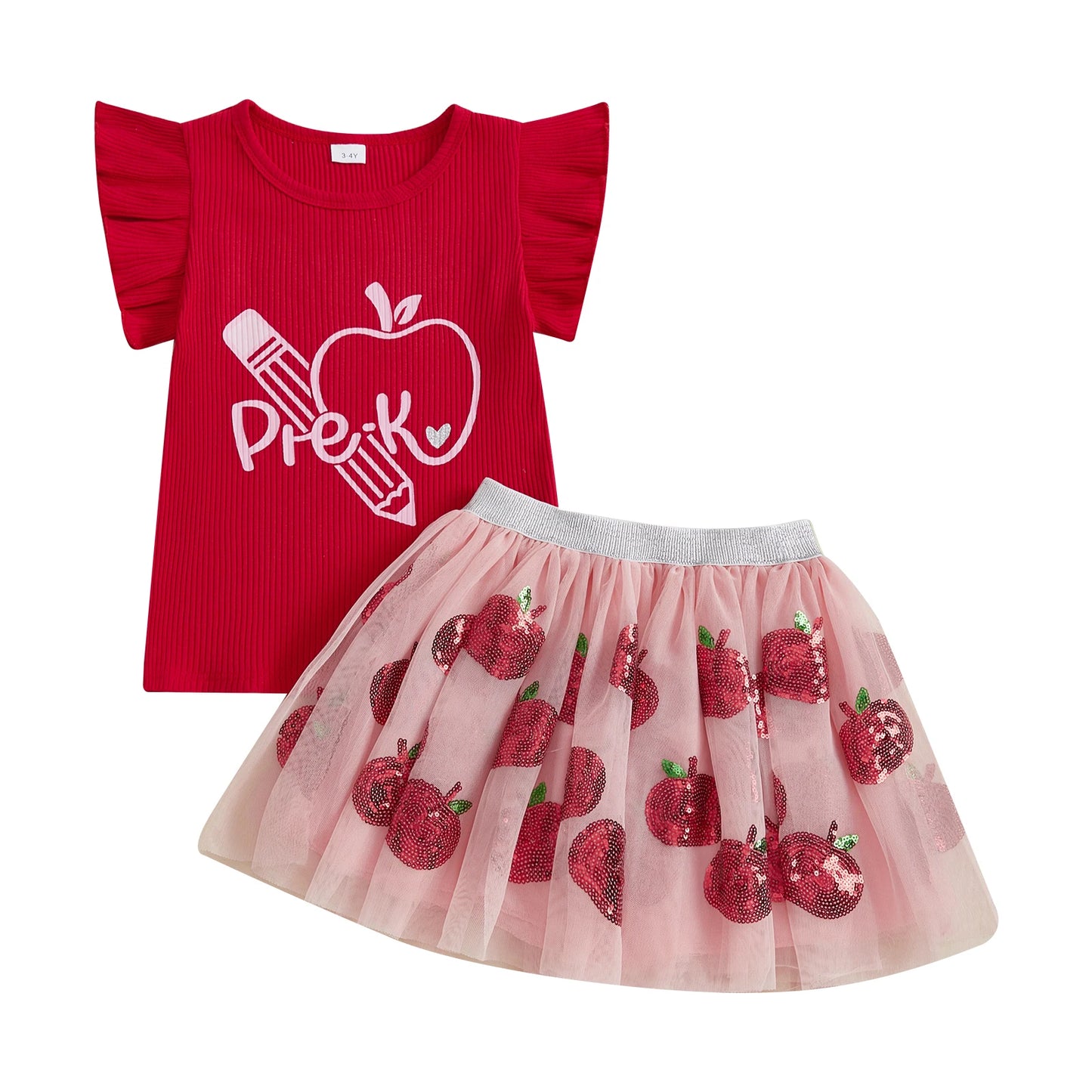 Cute Toddler Girls Back to School Outfits with Flutter Sleeve Apple Print Tops and Tulle Skirt Set - Adorable Baby Clothes for