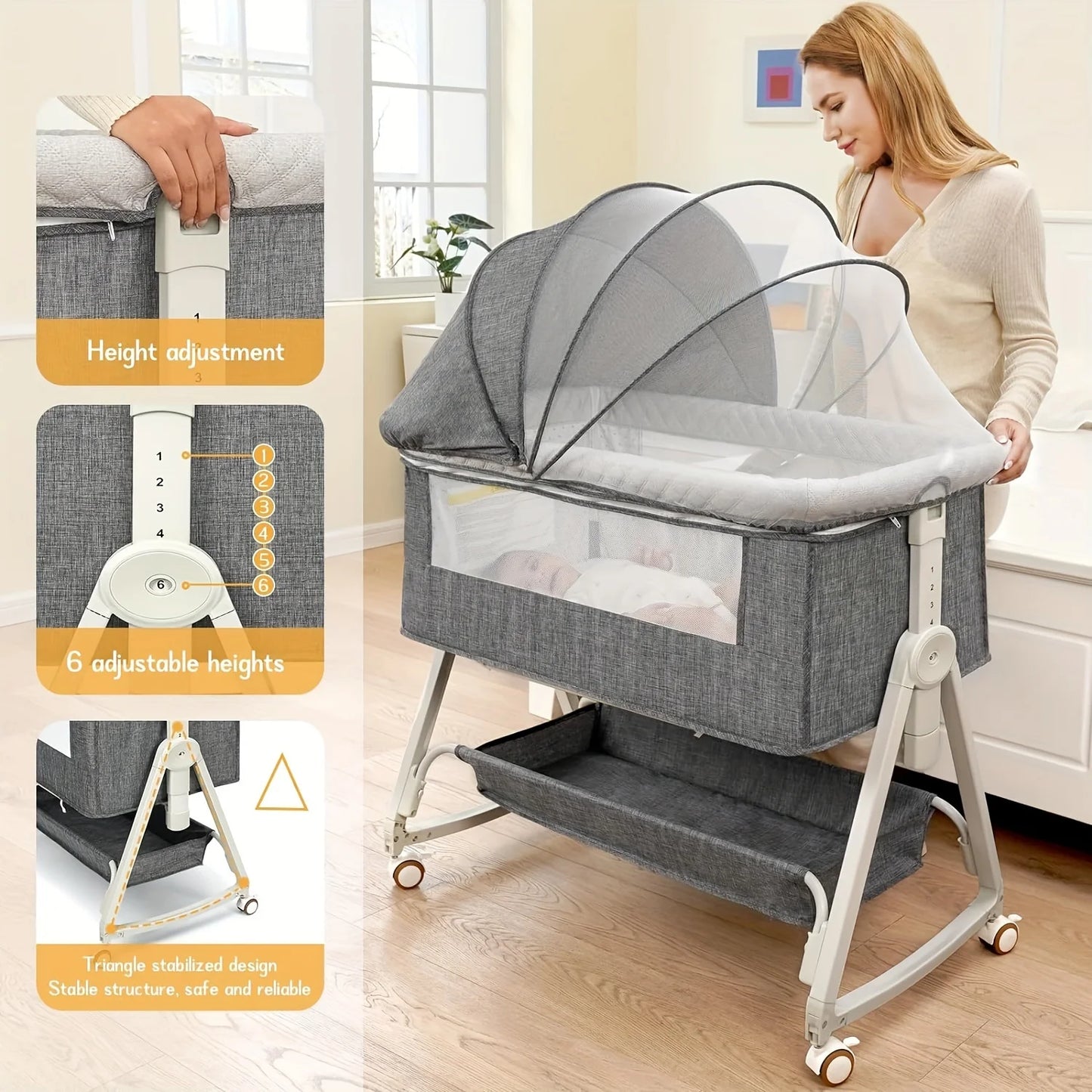 Baby Bassinet, Bedside Bassinet for Baby, 3 in 1 Bassinet Bedside Sleeper with Wheels