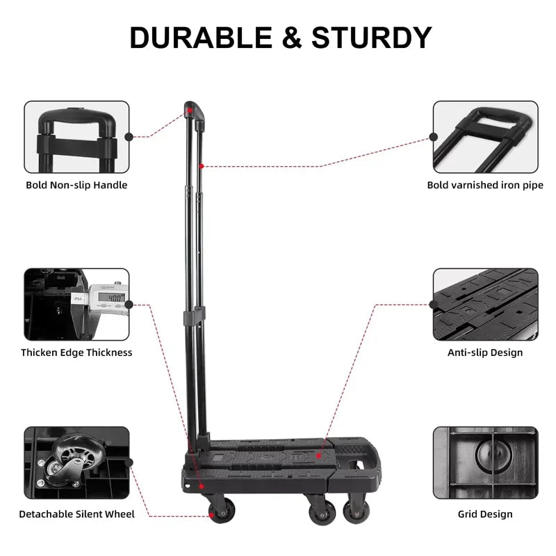 SELORSS Folding Hand Truck, 530 LBS Heavy Duty Luggage Cart Foldable Dolly Cart for Moving, Utility Dolly Platform Cart 6 Wheels