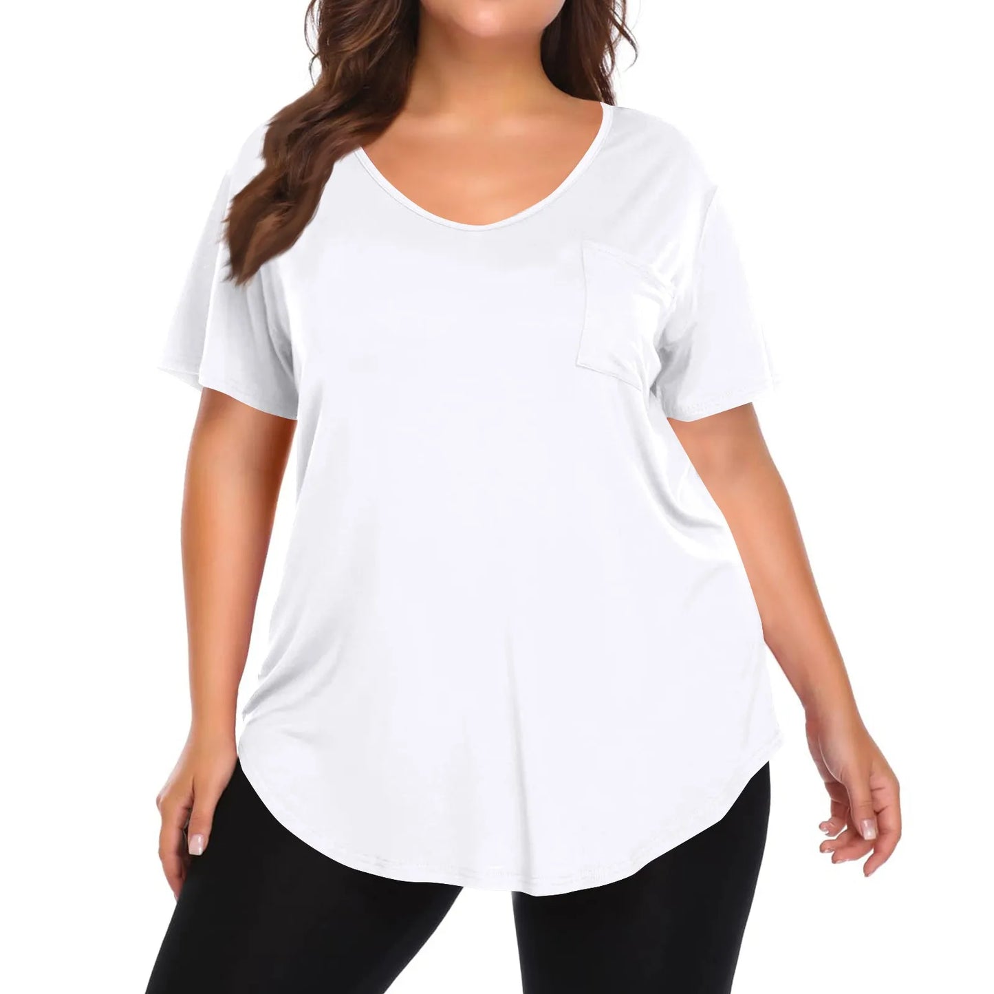 Plus Size Women's Tunic Tops Solid Color Large Size V-neck Loose T-Shirt With Pocket Summer Casual Basic Tee t shirts
