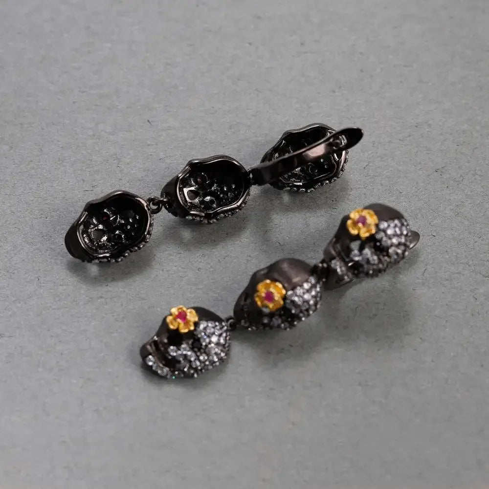 Gems Ballet Skull Sword Earrings 925 Sterling Silver Gothic