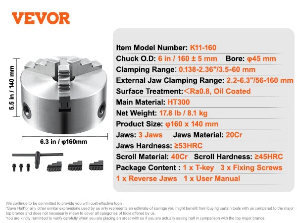 SucceBuy 3-Jaw Lathe Chuck 100/125/160/200/250 mm Self-Centering Lathe Chuck Multiple Clamping Range for Lathe Printer Machining