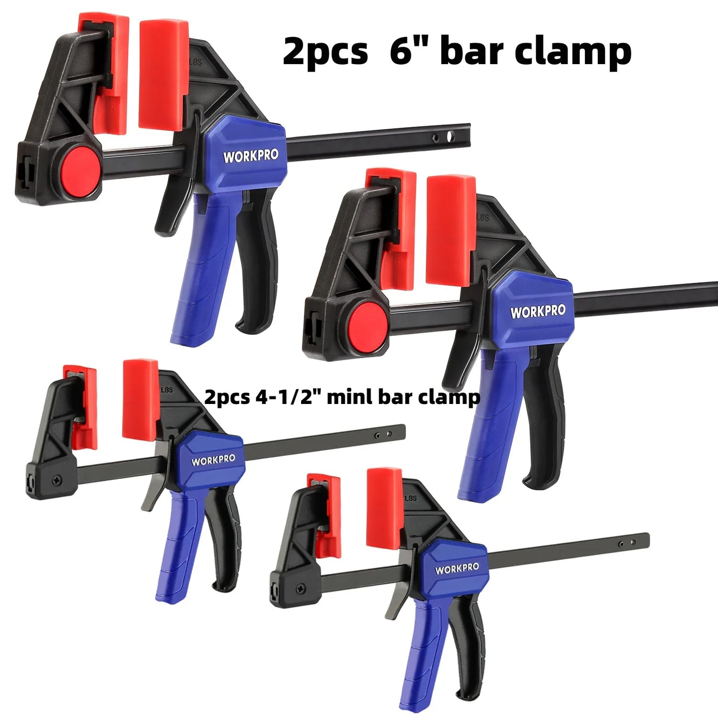 WORKPRO Bar Clamps for Woodworking One-Handed Clamp/Spreader, 6-Inch and 12-Inch Wood Clamps Set, Light-Duty Qui