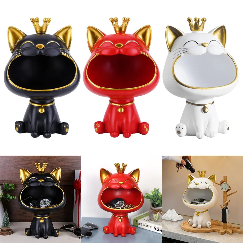 Exquisite Resin Lucky Cat Figurine Storage Box Creative Big Mouths Cat Statue for Desktop Storage and Decoration