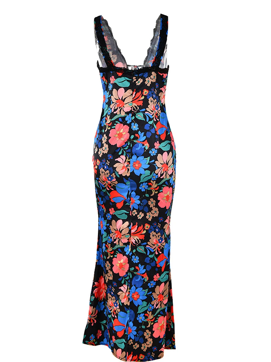 Women Slip Dress Sleeveless V-neck Flower Print Summer Dress Lace Patchwork Long Dress
