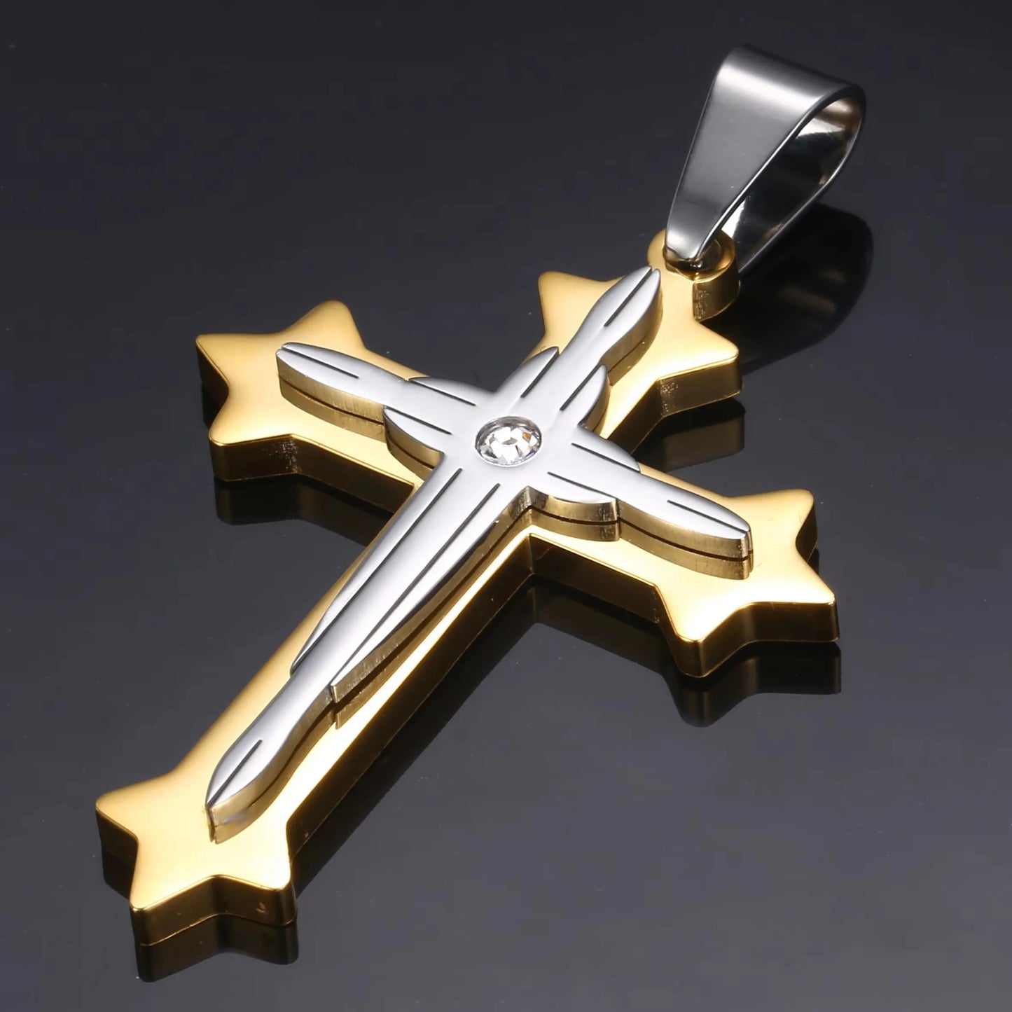 Hermah Mens Boys Gold Black Silver Color Stainless Steel Double Layer Cross Pendant w/ Clear Rhinestone Fashion Jewelry