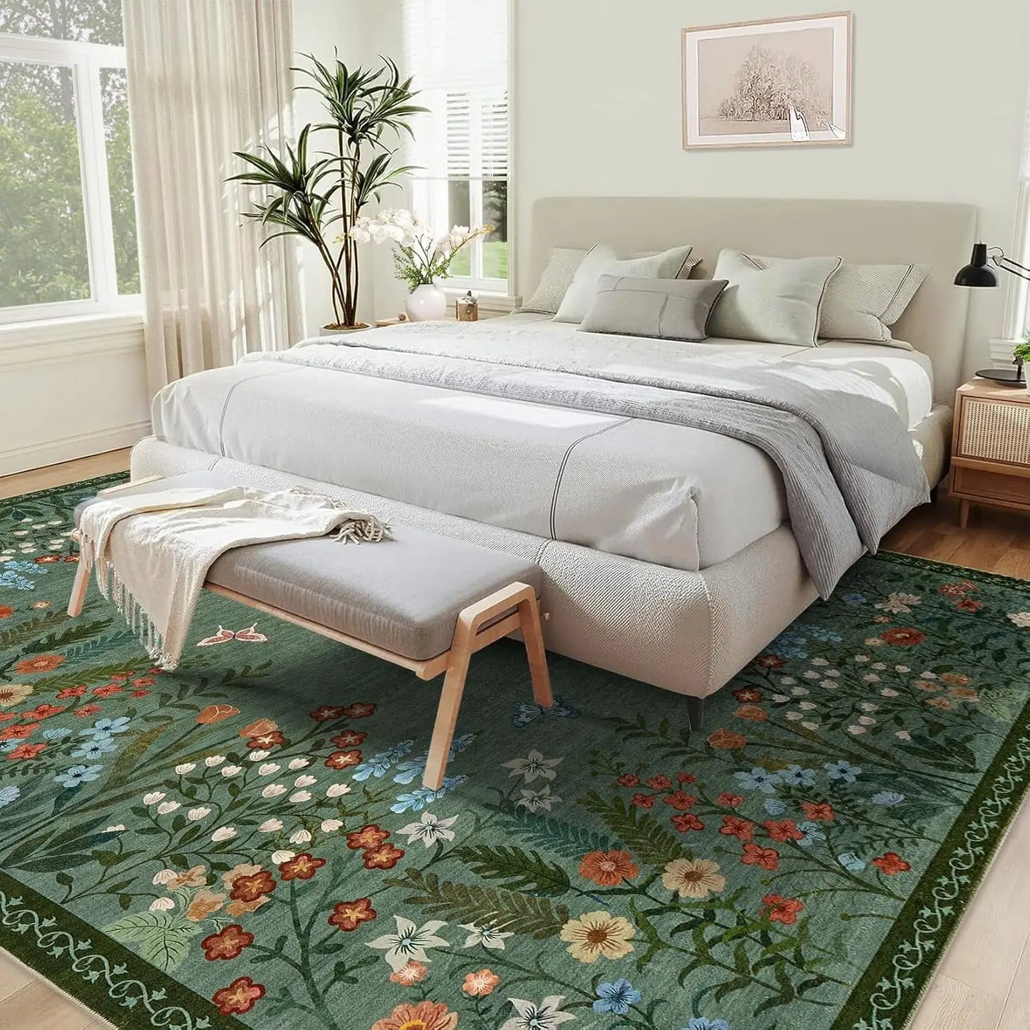 Boho Washable Rugs for Entryway Floral Area Rug for Bedroom, Non Slip ,Soft Indoor Carpet forLiving Room Kitchen Laundry Foyer