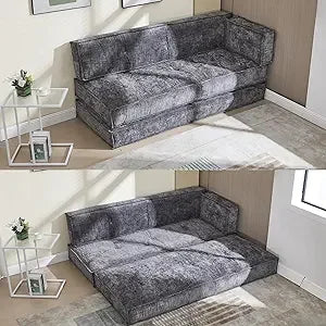 Modular Couch Convertible Sleeper Floor Sofa Bed, Chenille Folding Mattress Couch with Side Bag Storage, 4-in-1 Combined Lazy So