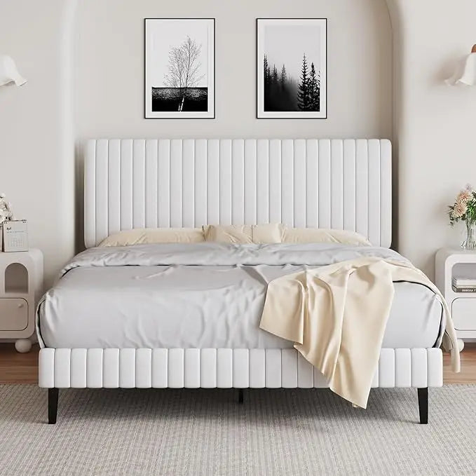 Queen Size Bed Frame with Headboard, Velvet Upholstered Platform Bed with Vertical Channel Tufted Design, No Box Spring Required