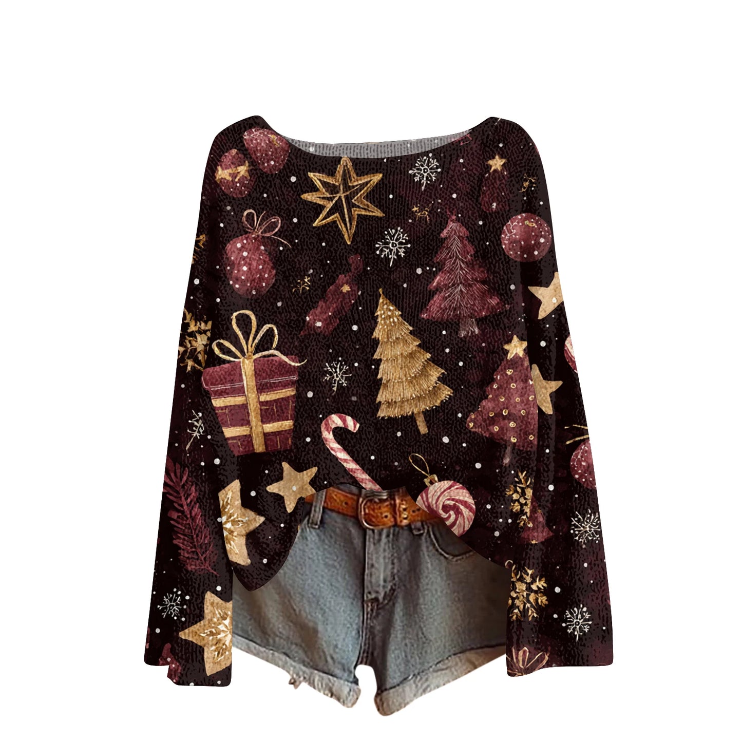 Women'S Round Neck Lightweight Sweater Casual Long Sleeve Christmas Print Knit Pullover Pulls Femmes Ropa De Mujer Woman Clothes