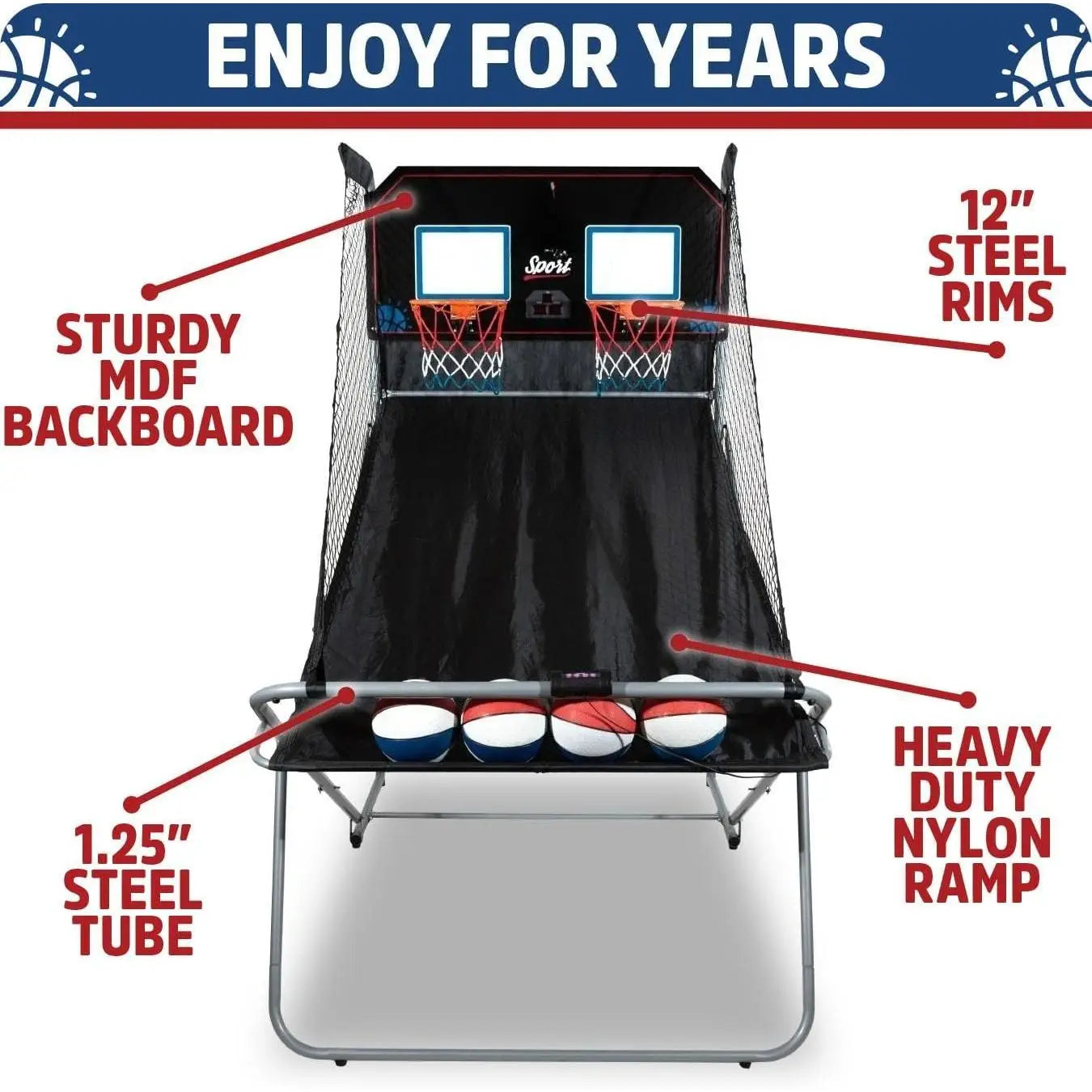 W_Dual Shot Sport | Arcade Basketball Game for Home | Paddle Scoring Hoop, 10 Game Modes, 4 Balls | Foldable for Easy